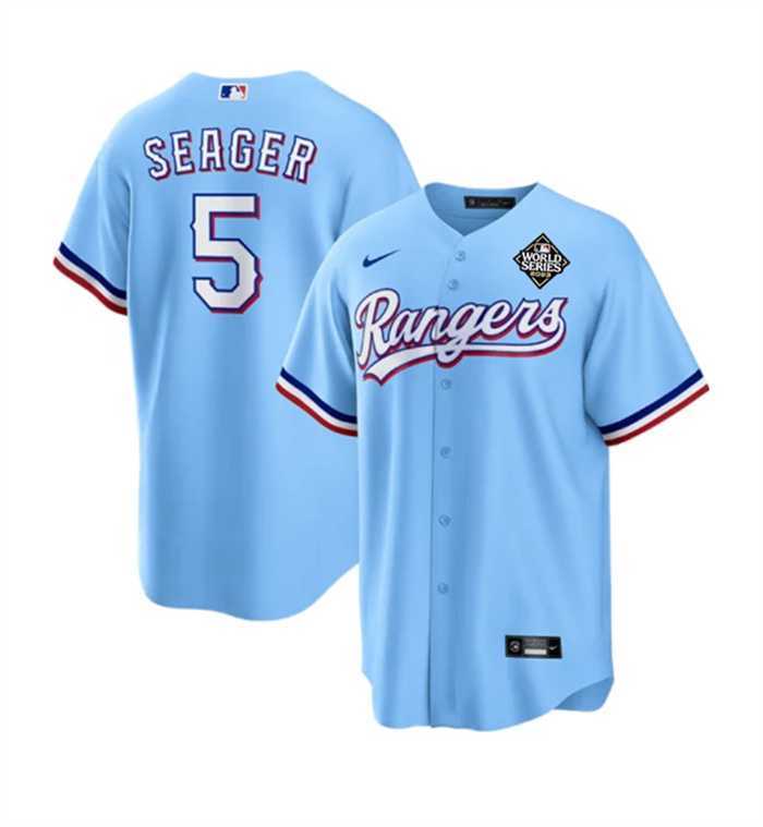 Mens Texas Rangers #5 Corey Seager Blue 2023 World Series Stitched Baseball Jersey Dzhi